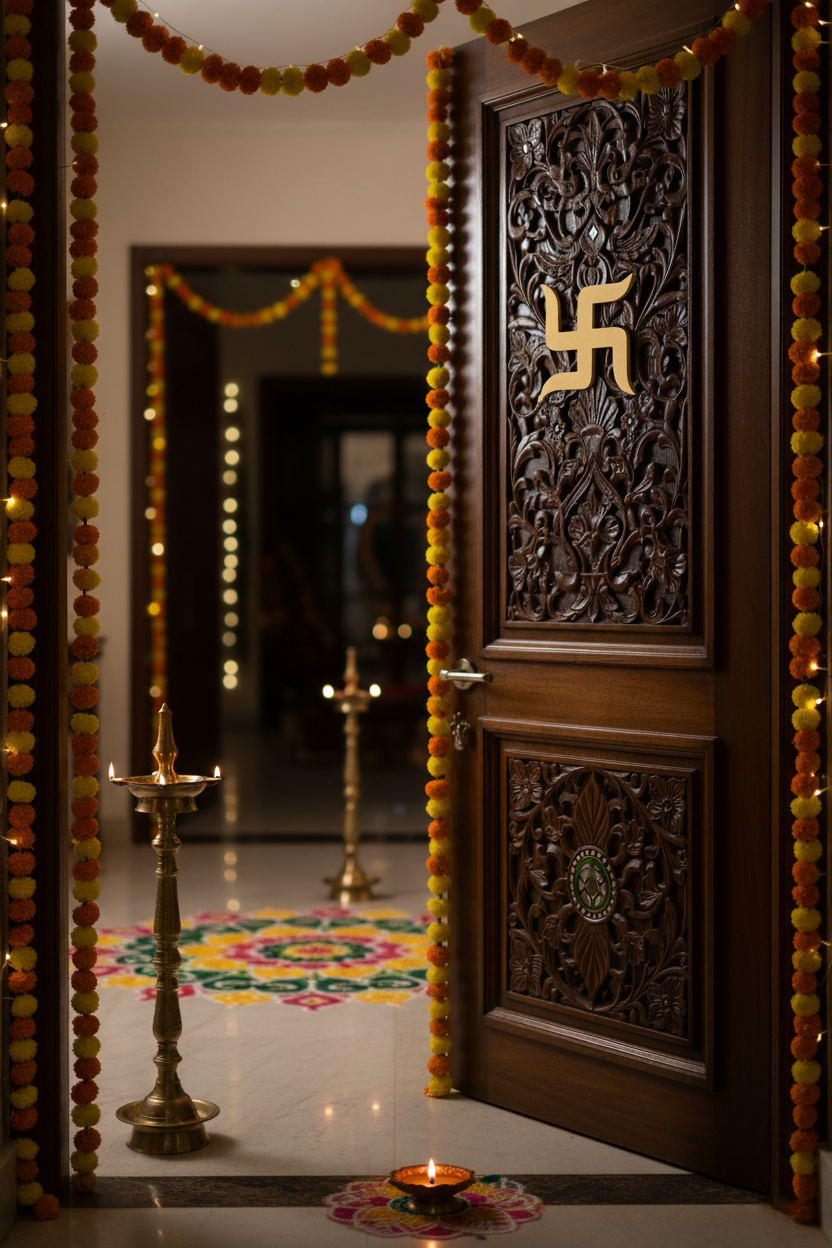 MDF Swastik wall decor on carved wooden main door with marigold garlands, brass lamps and rangoli.