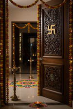 MDF Swastik wall decor on carved wooden main door with marigold garlands, brass lamps and rangoli.