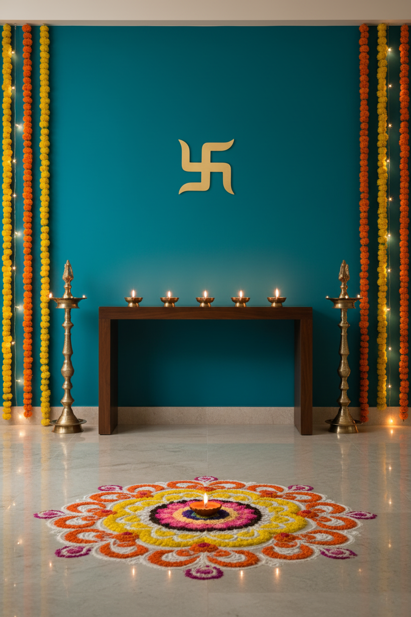 MDF Swastik wall hanging in golden finish on teal wall with marigold garlands, diyas and rangoli.