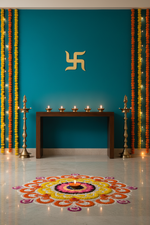 MDF Swastik wall hanging in golden finish on teal wall with marigold garlands, diyas and rangoli.