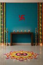 MDF Swastik wall hanging in red finish on teal wall with festive lighting, diyas and floral rangoli.