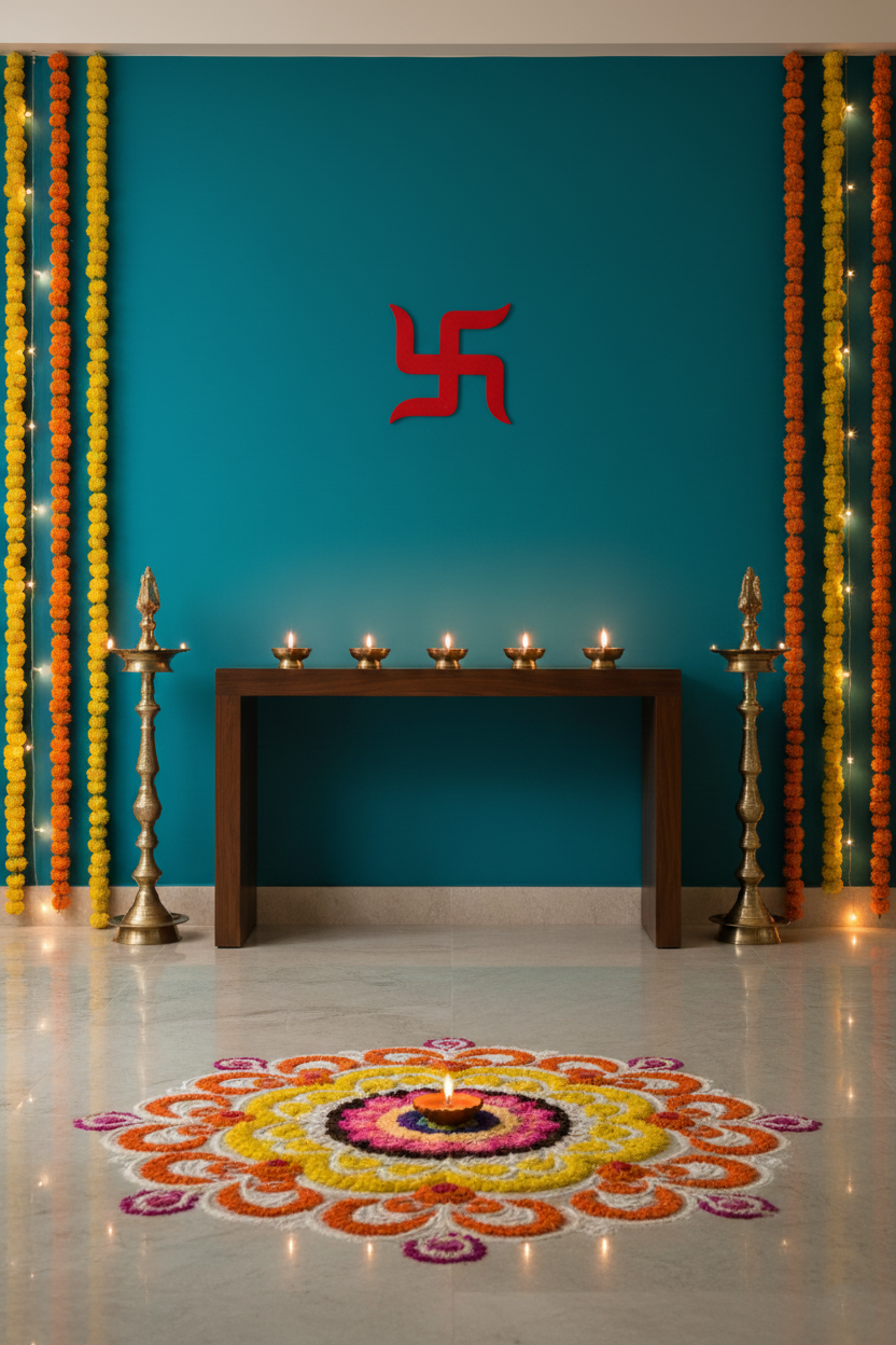 MDF Swastik wall hanging in red finish on teal wall with festive lighting, diyas and floral rangoli.