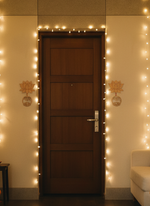Natural MDF Shubh Labh lotus cutouts with fairy light decoration on door