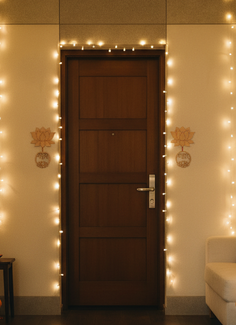Natural MDF Shubh Labh lotus cutouts with fairy light decoration on door