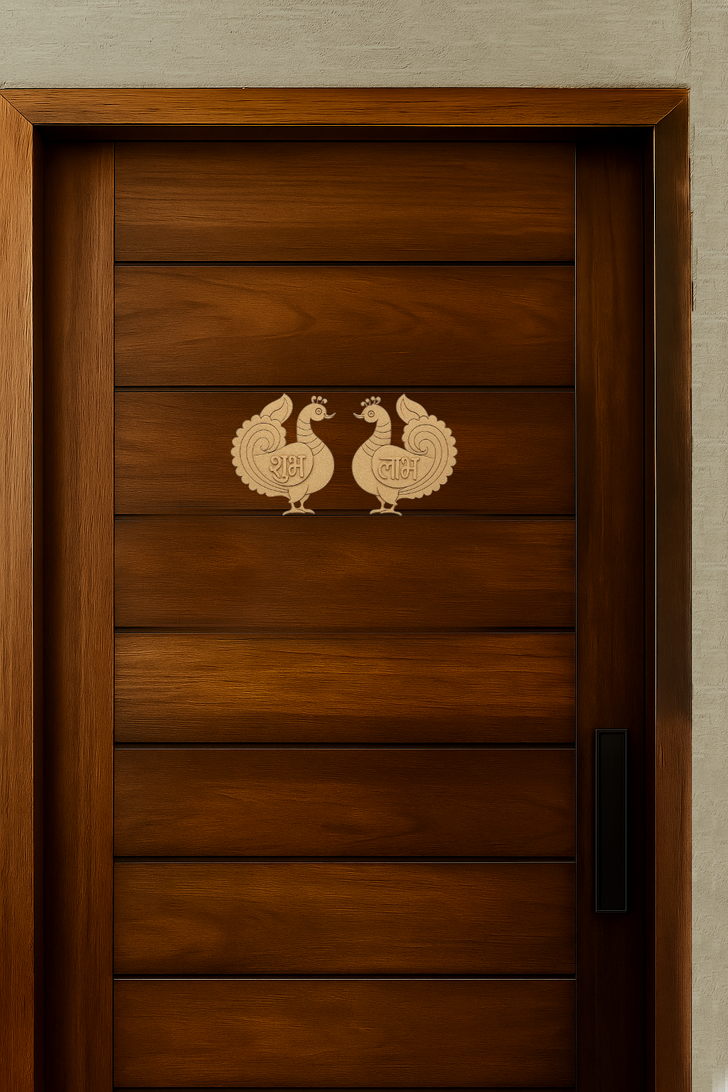 MDF Shubh Labh peacock design wall decor on main door.