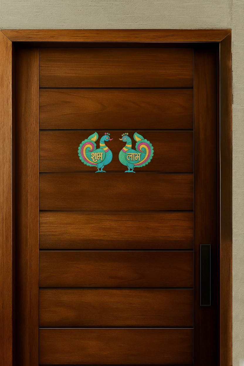 Peacock Shubh Labh MDF cutout pair for home entrance and Diwali decoration