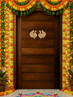 MDF Shubh Labh peacock wall hanging in natural wood finish on main door with garlands and diyas.