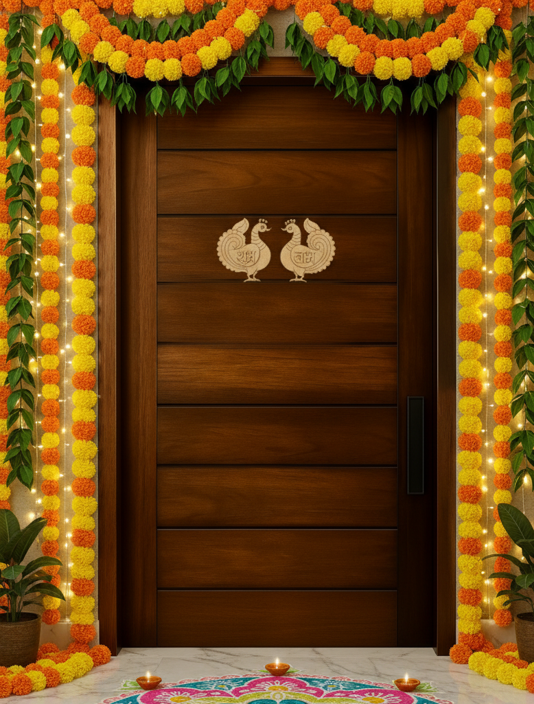 MDF Shubh Labh peacock wall hanging in natural wood finish on main door with garlands and diyas.