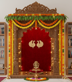 MDF Shubh Labh peacock design in golden finish on pooja mandir backdrop with marigold decorations.