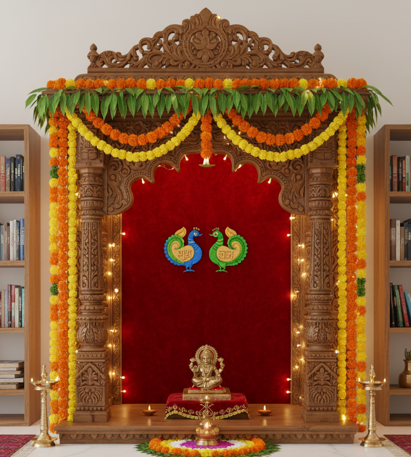 MDF Shubh Labh peacock design in golden finish on pooja mandir backdrop with marigold decorations.