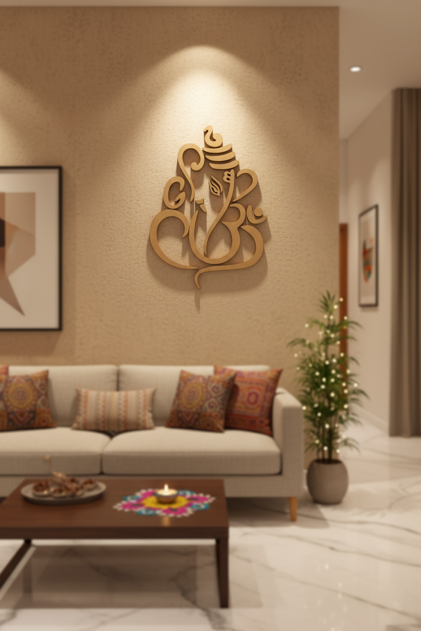 Natural MDF Ganesha Om wall art above sofa in living room
