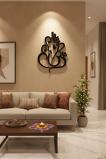 Black MDF Ganesha Om wall decor in living room with spotlight