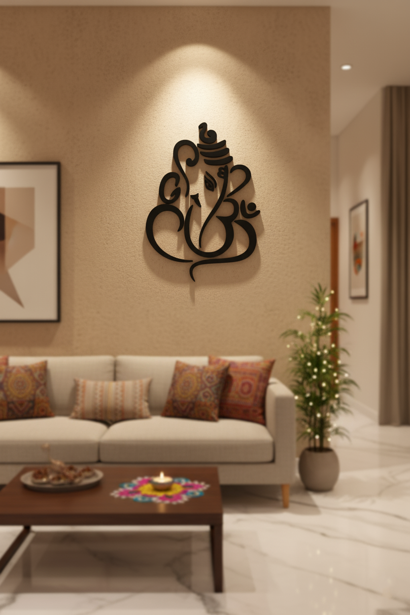 Black MDF Ganesha Om wall decor in living room with spotlight
