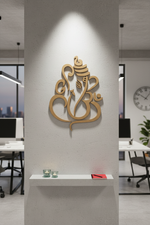 MDF Ganesha Om wall hanging on blue pooja room wall with rangoli and diyas