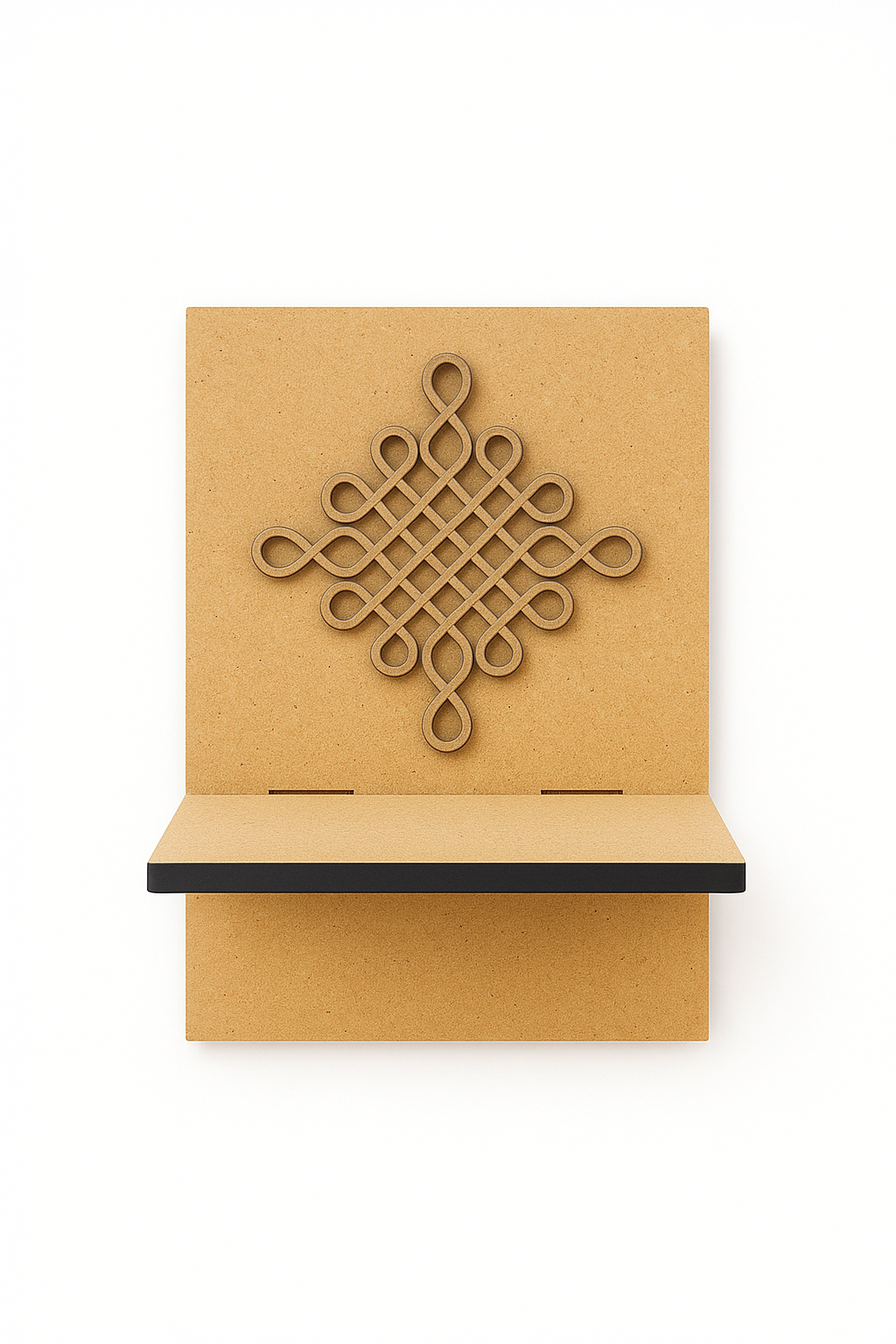 Wall-mounted MDF pooja shelf with geometric cutout back panel for home temple décor