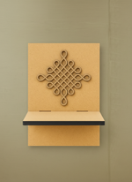 Wall-mounted MDF pooja shelf with geometric cutout back panel for home temple décor