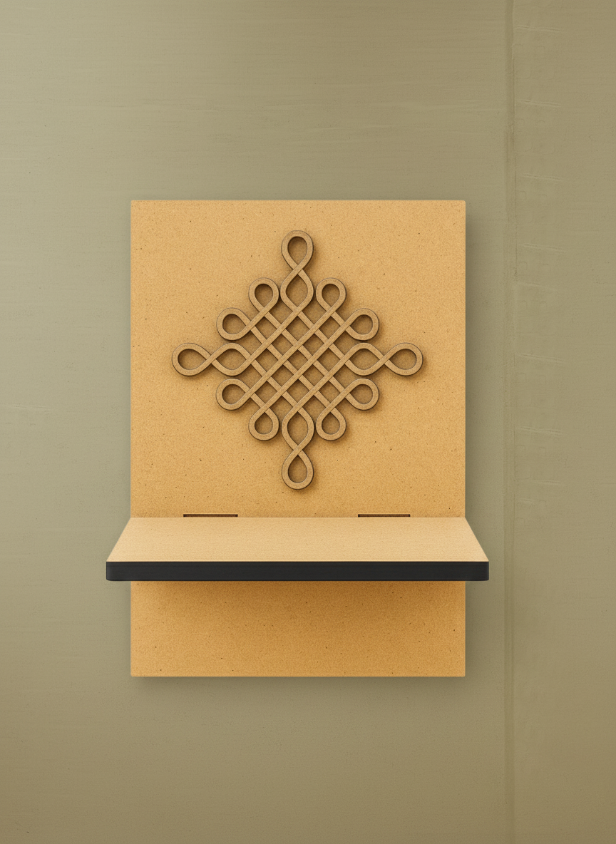 Wall-mounted MDF pooja shelf with geometric cutout back panel for home temple décor