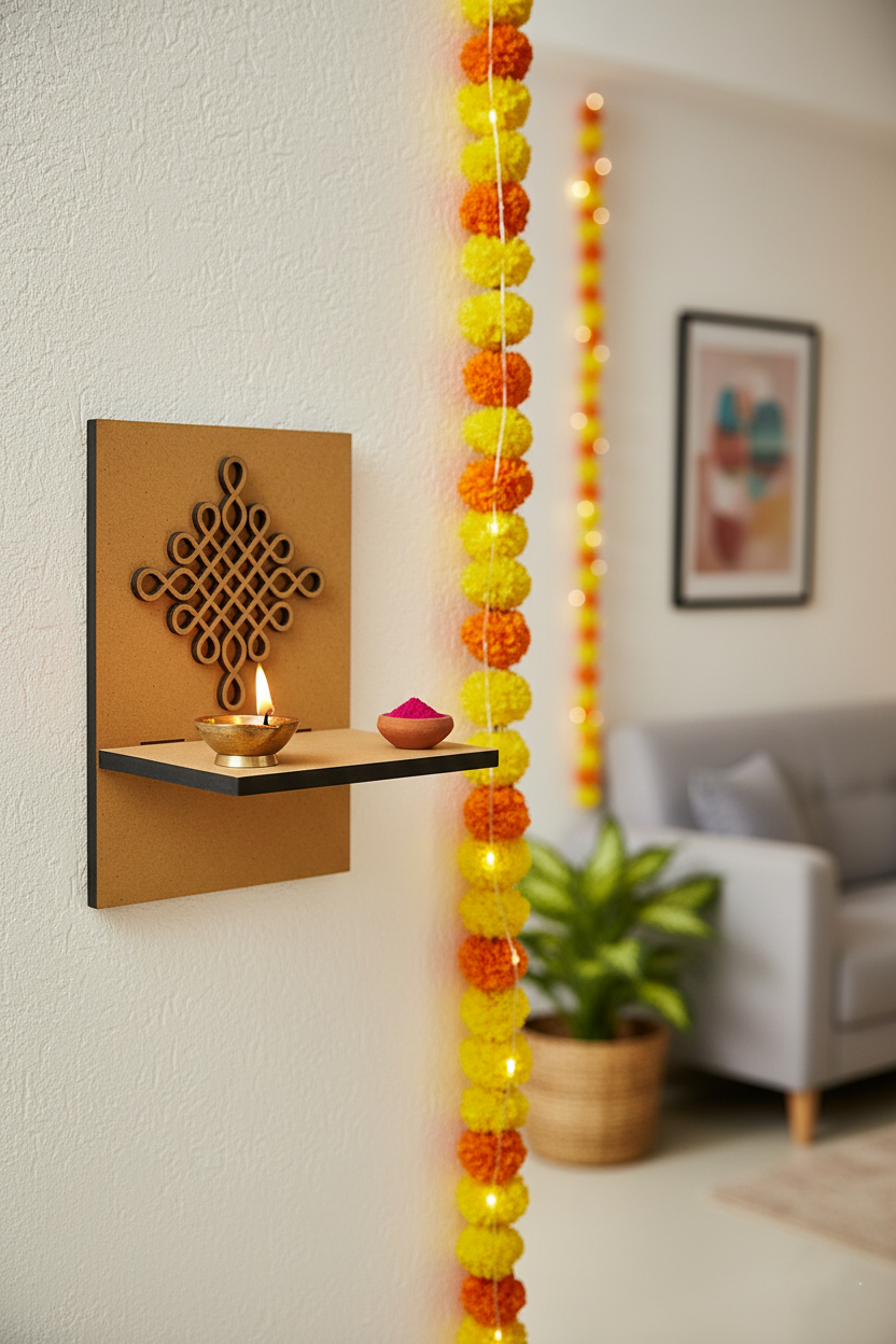 MDF wall-mounted diya holder with rangoli design, brass diya and kumkum bowl on white wall