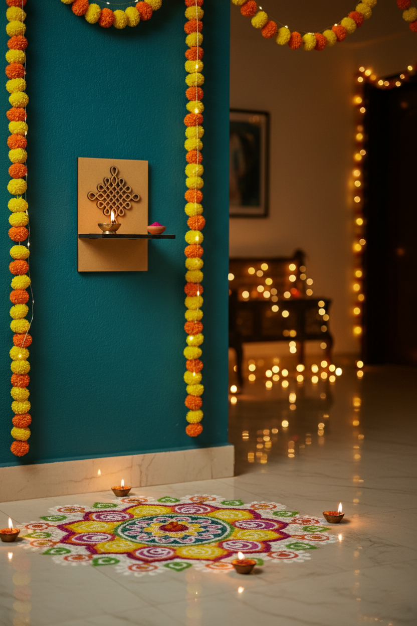 MDF rangoli wall-mounted diya holder with festive marigold garlands and colorful floor rangoli.