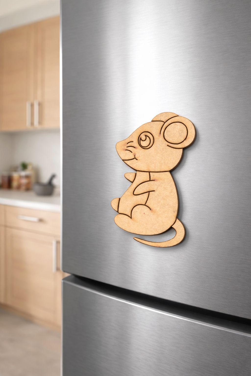 MDF mouse DIY fridge magnet unpainted craft cutout for painting and decoration, mounted on fridge