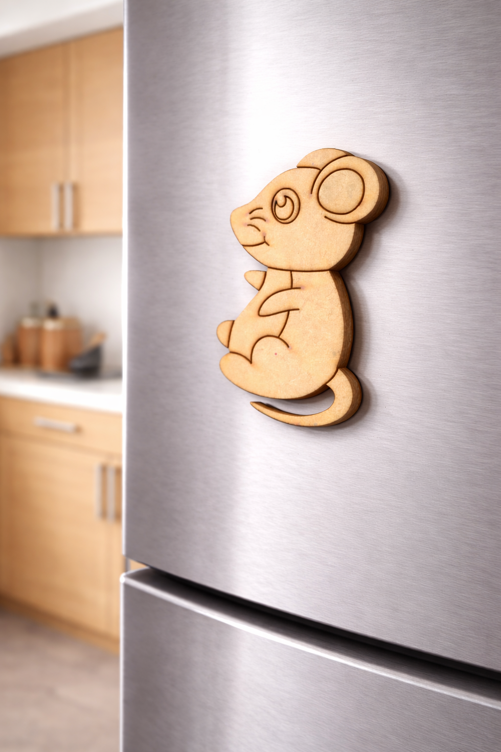 MDF mouse DIY fridge magnet unpainted craft cutout for painting and decoration, mounted on fridge