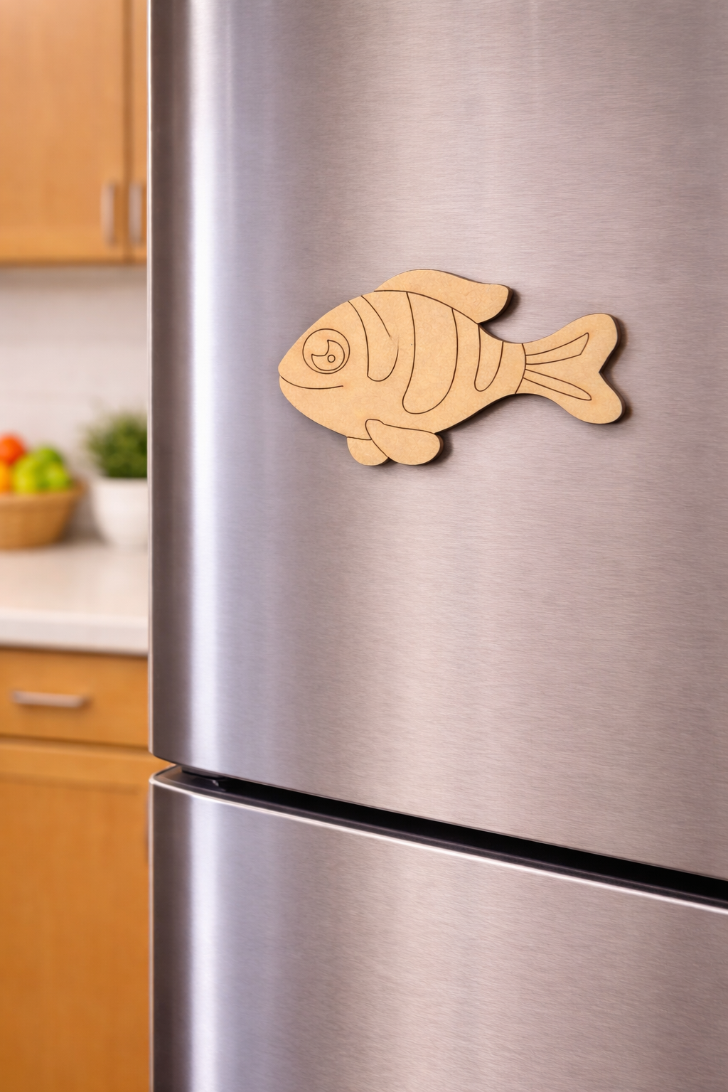 MDF fish DIY fridge magnet unpainted craft cutout for home decor, mounted on fridge 