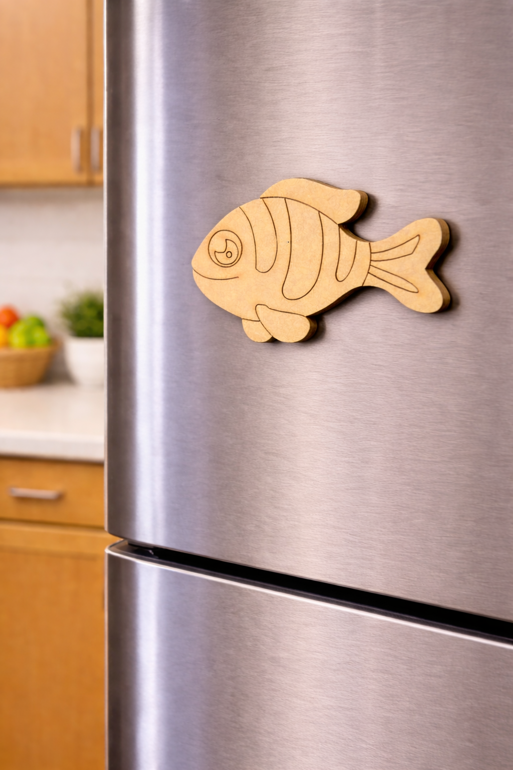 MDF fish DIY fridge magnet unpainted craft cutout for home decor, mounted on fridge 