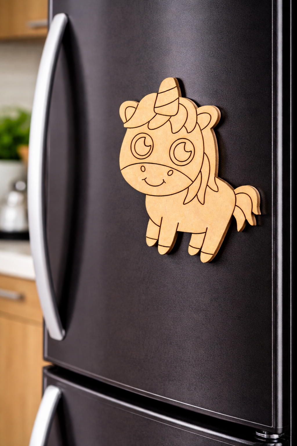 MDF unicorn DIY fridge magnet unpainted craft cutout for home decor, mounted on fridge 