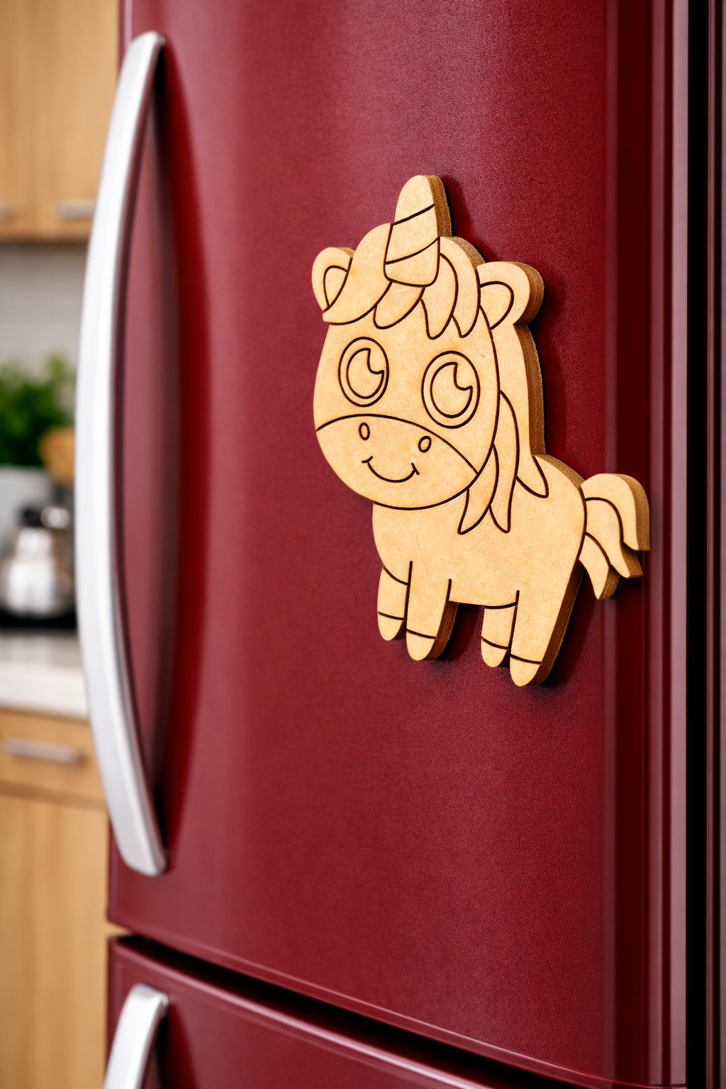 MDF unicorn DIY fridge magnet unpainted craft cutout for home decor, mounted on fridge 