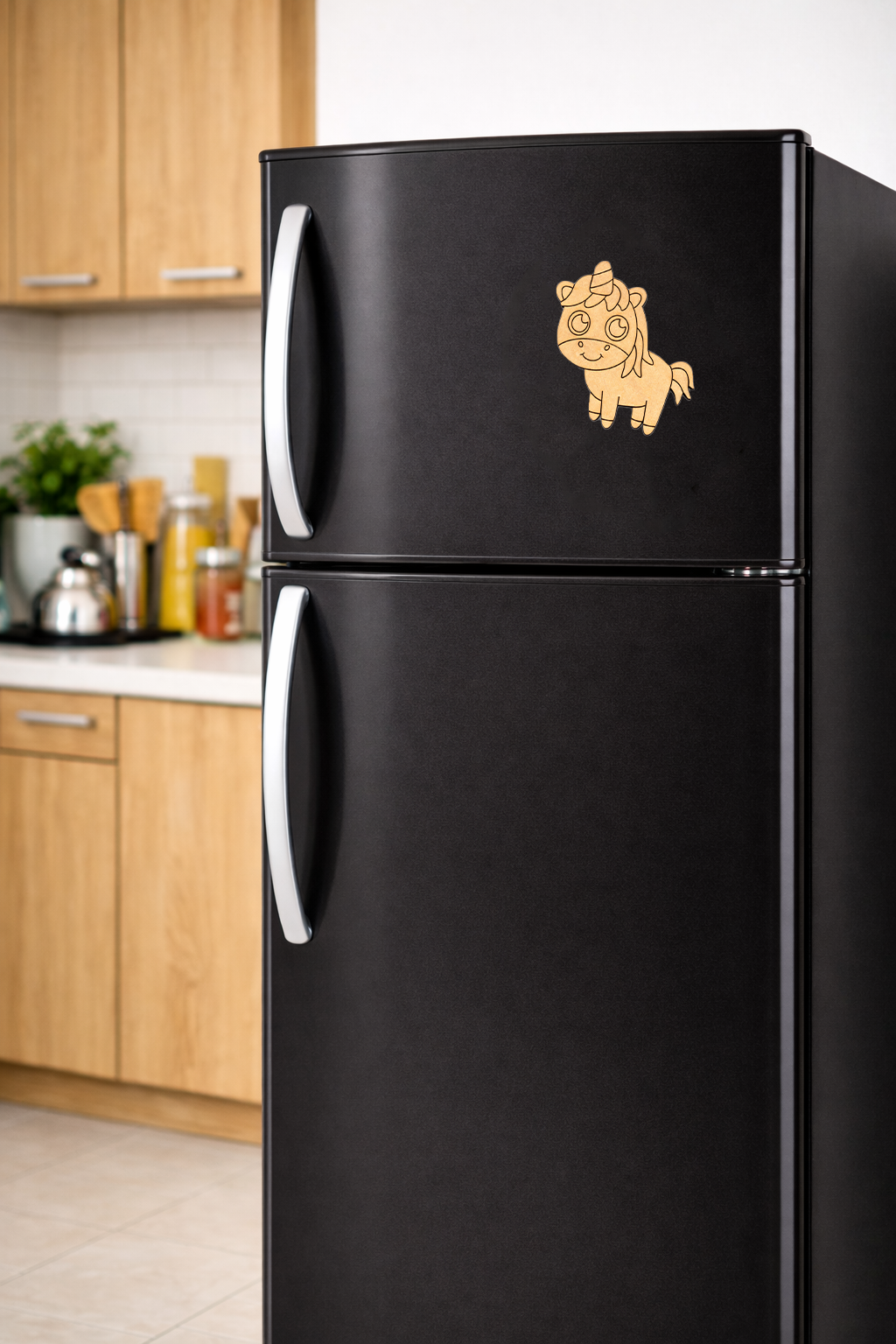 MDF unicorn DIY fridge magnet unpainted craft cutout for home decor, mounted on fridge 