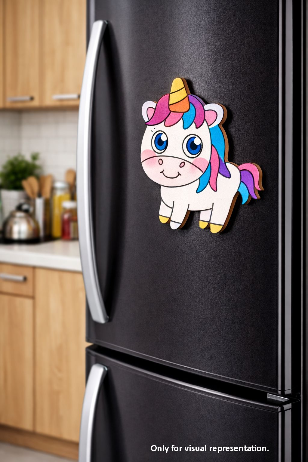 MDF unicorn DIY fridge magnet painted craft cutout for home decor, mounted on fridge 
