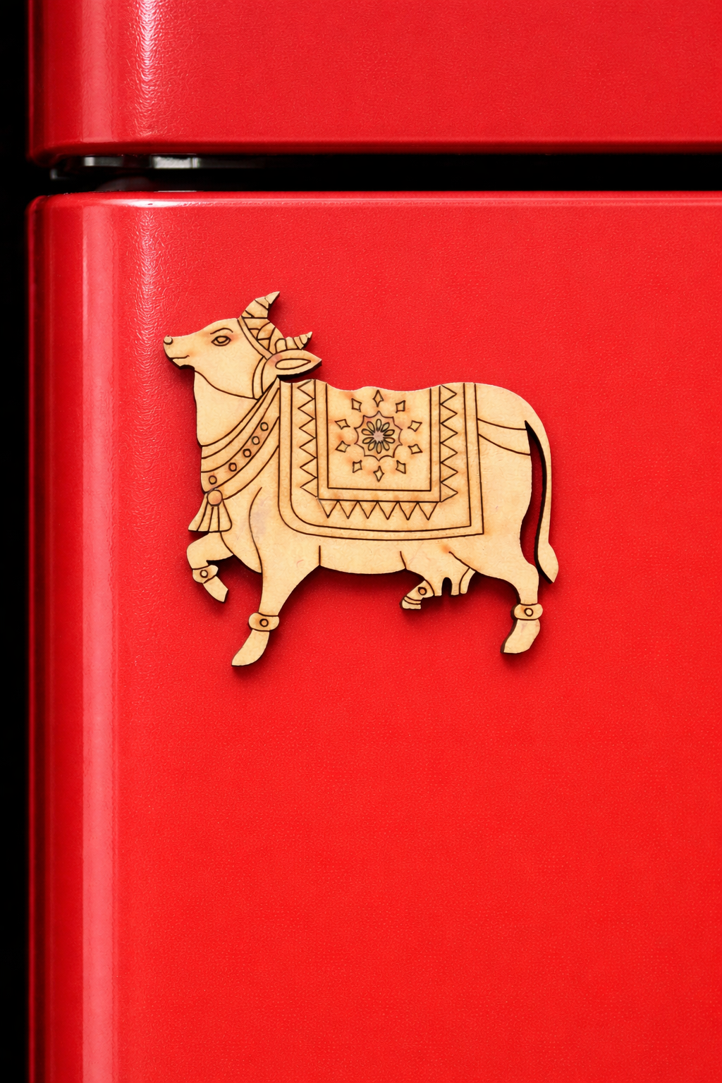 MDF cow DIY fridge magnet unpainted craft cutout for home decor, mounted on fridge 