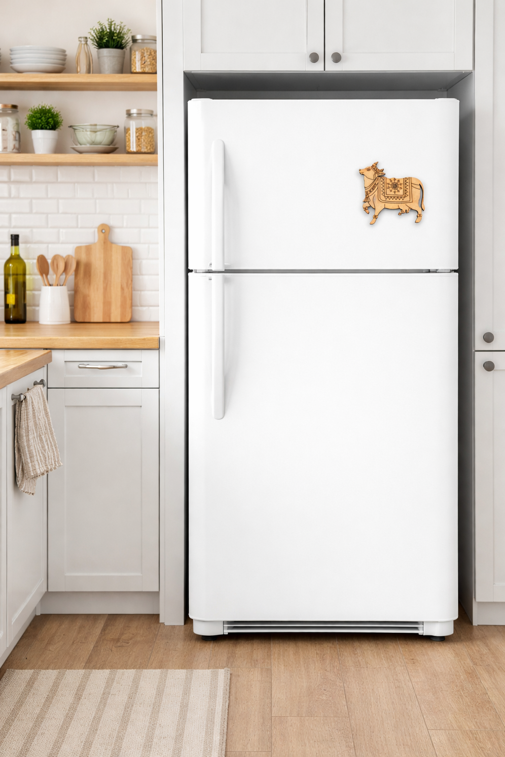 MDF cow DIY fridge magnet unpainted craft cutout for home decor, mounted on fridge 