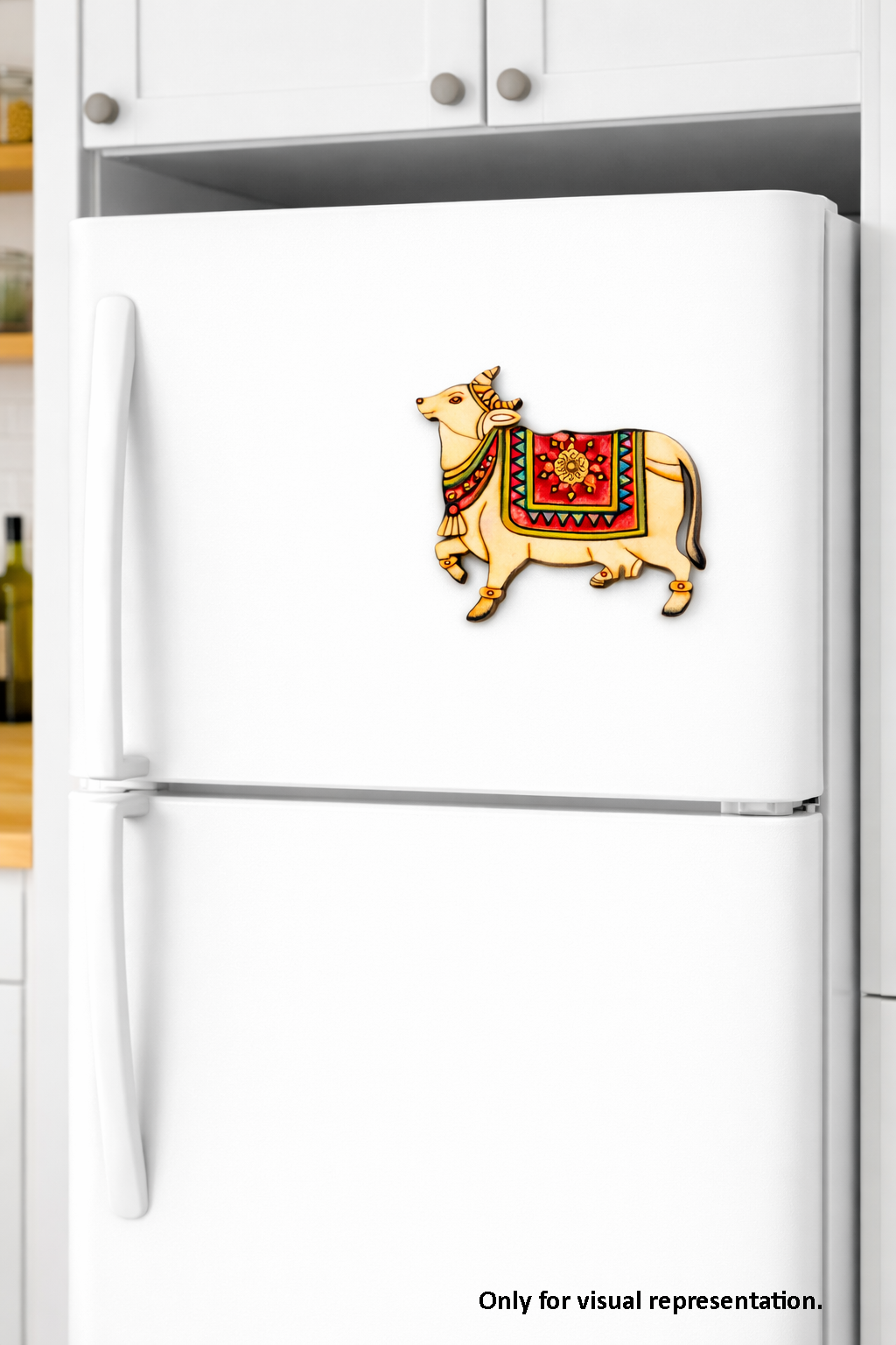 MDF cow DIY fridge magnet painted craft cutout for home decor, mounted on fridge 