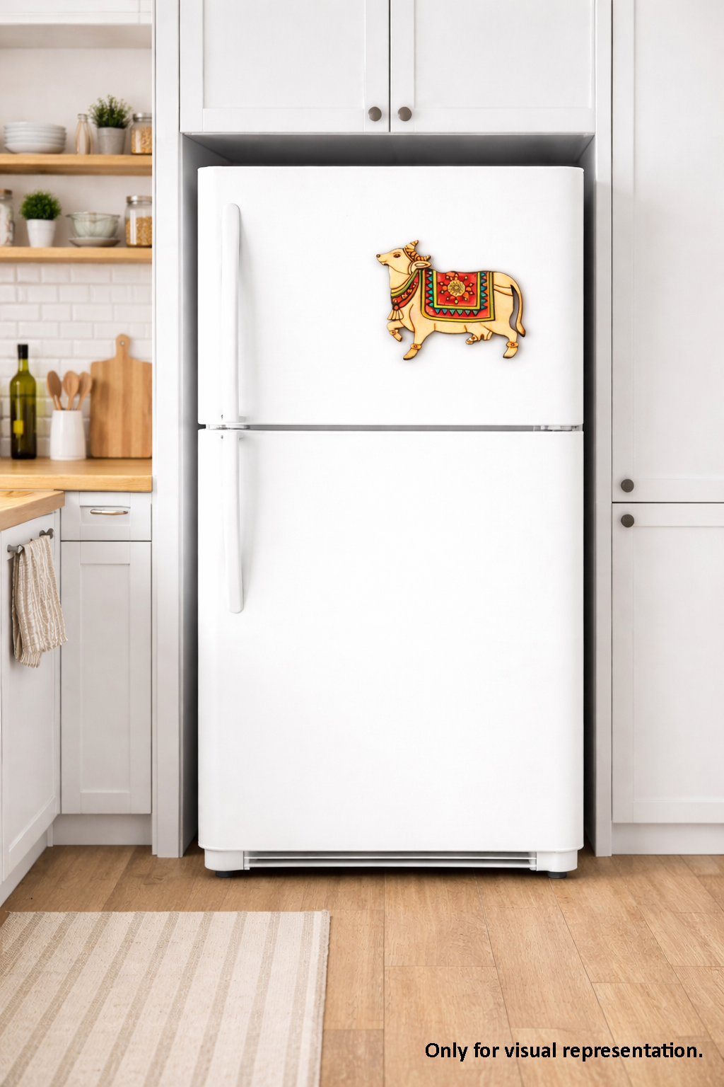 MDF cow DIY fridge magnet painted craft cutout for home decor, mounted on fridge 