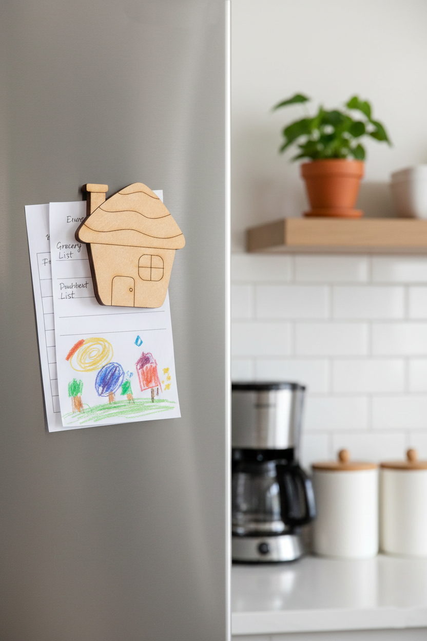 MDF house DIY fridge magnet unpainted craft cutout for home decor, mounted on fridge