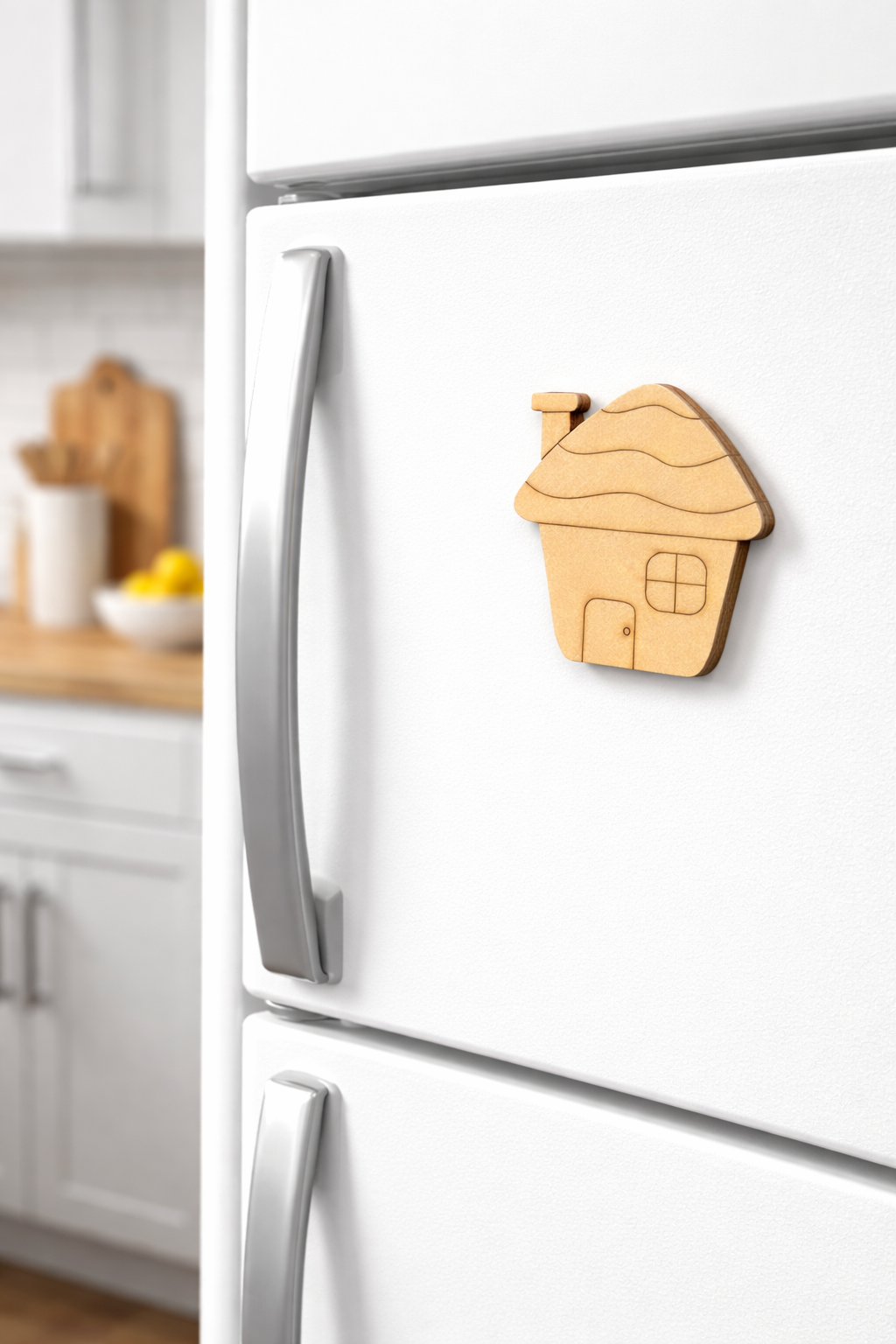 MDF house DIY fridge magnet unpainted craft cutout for home decor, mounted on fridge