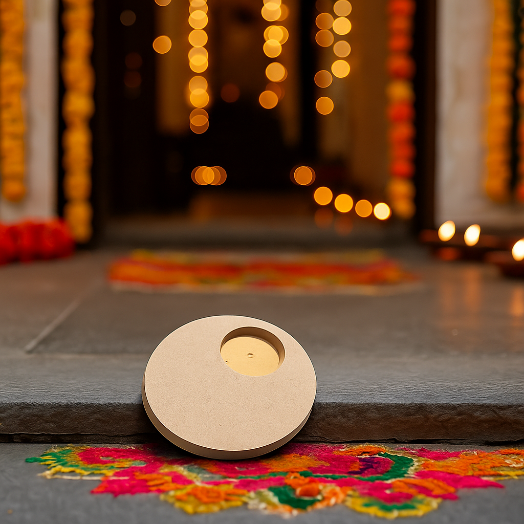 Round MDF T-Light Candle Holder placed outdoors with glowing festive lights in the background