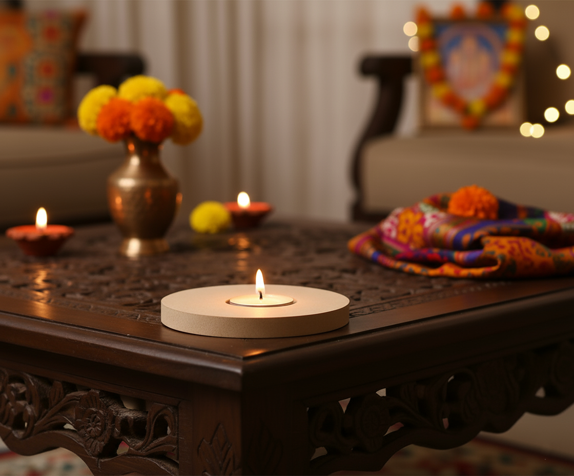 Decorative setup with DIY mdf candle holder and flowers on a wooden table, likely for a festive occasion.