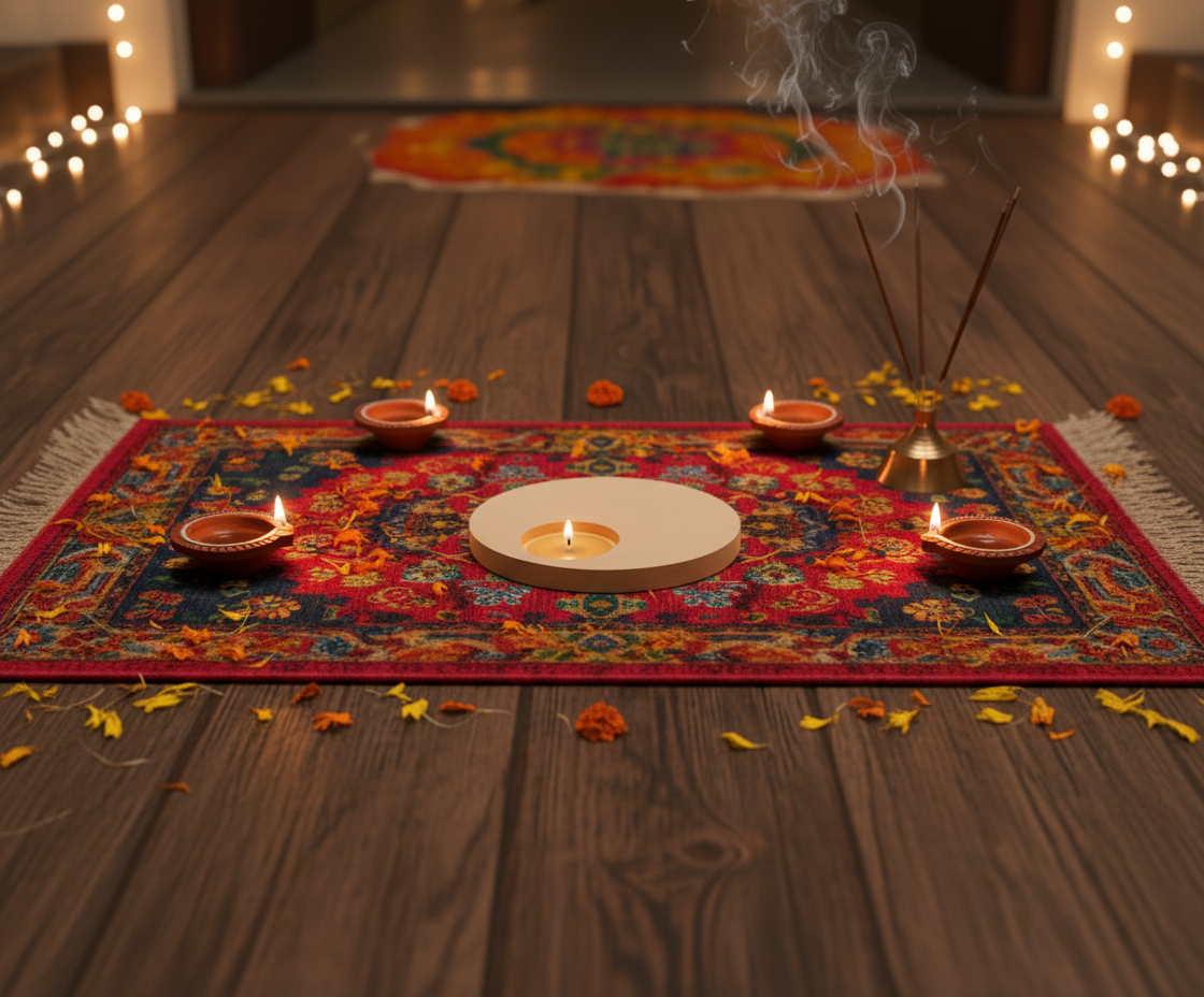 Decorative setup with candles, incense, and a colorful mat on a wooden floor ith diy mdf tealight candle holder in centre.
