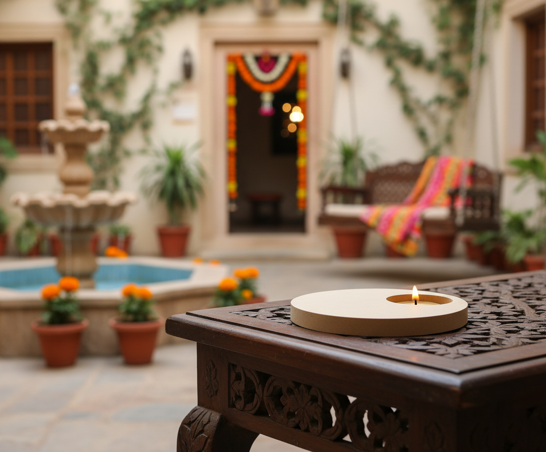 Decorative outdoor setting with a lit candle on a table, potted plants, and a fountain with diy mdf tealight candle holder