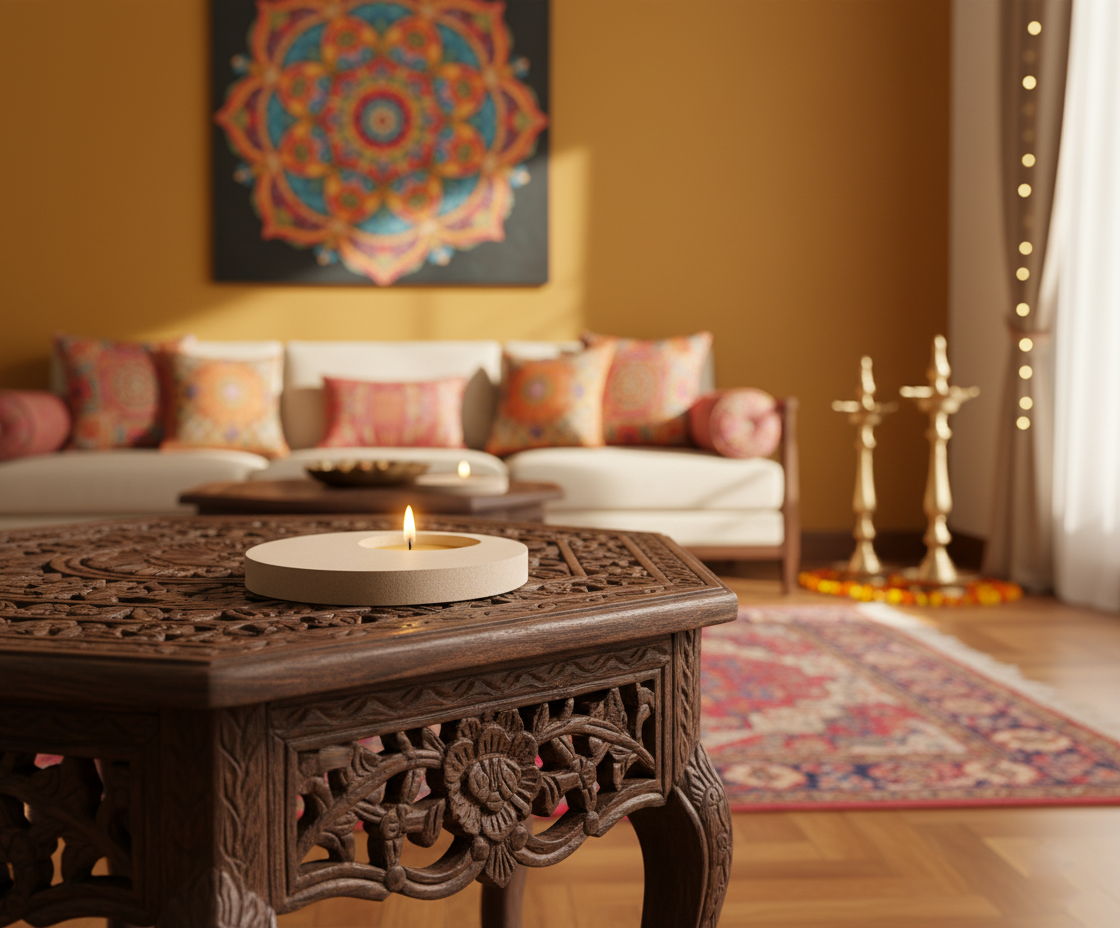 Decorative living room with a wooden table, candles, and colorful cushions with diy mdf tealight candle holder 