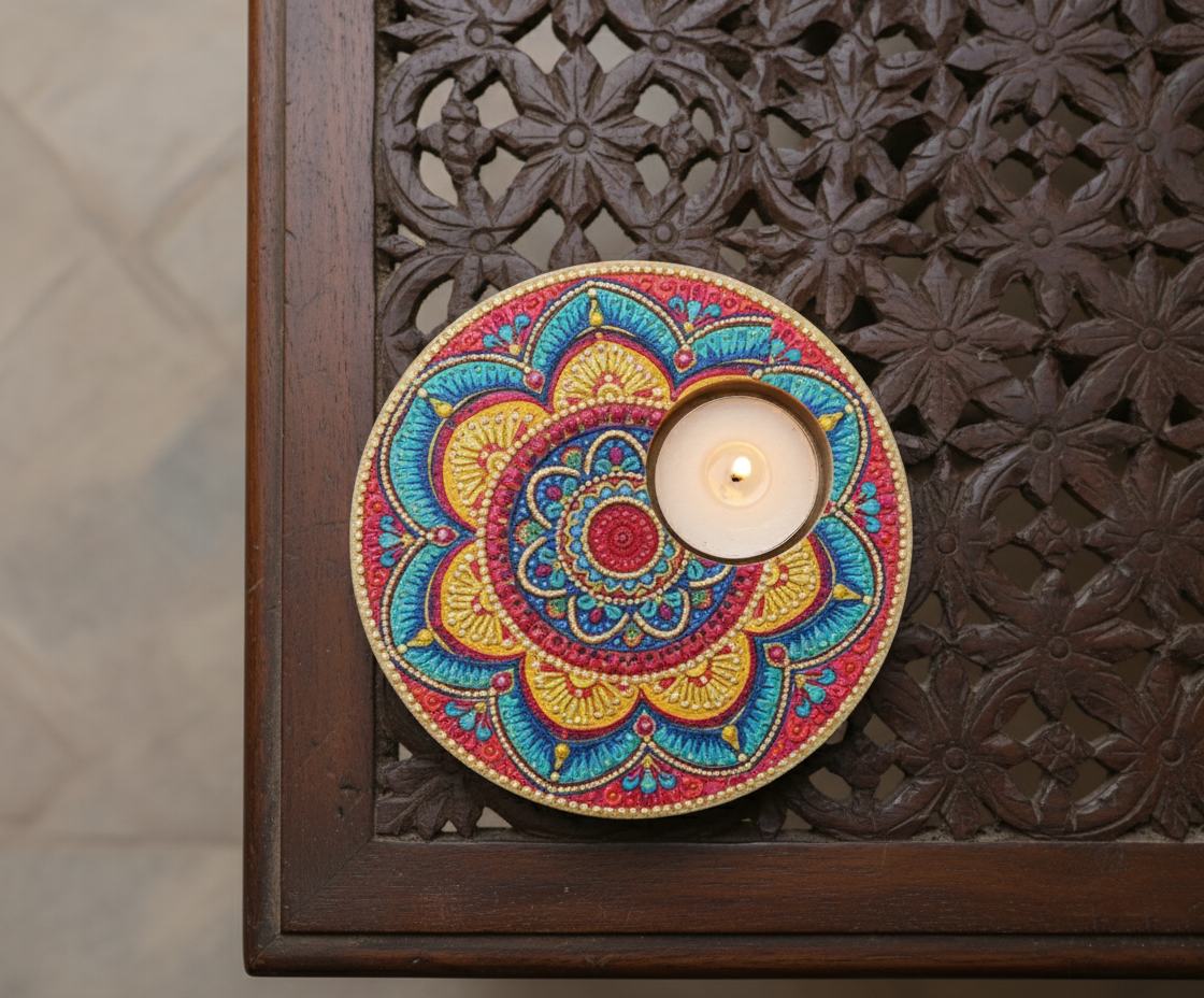 Decorative candle holder with colorful mandala design on a wooden surface with handpainted mdf tealight candle holder 