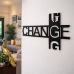 Modern black typography wall décor featuring the word “CHANGE” in a stylish geometric design mounted on a white wall in a contemporary living room setting.