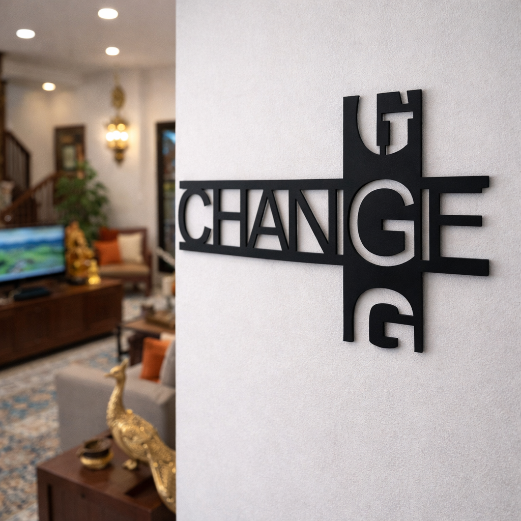 Modern black typography wall décor featuring the word “CHANGE” in a stylish geometric design mounted on a white wall in a contemporary living room setting.