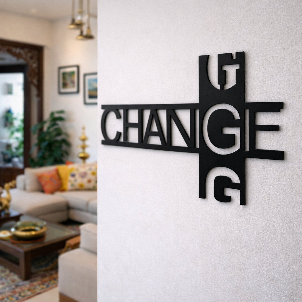 Modern black typography wall décor featuring the word “CHANGE” in a stylish geometric design mounted on a white wall in a contemporary living room setting.