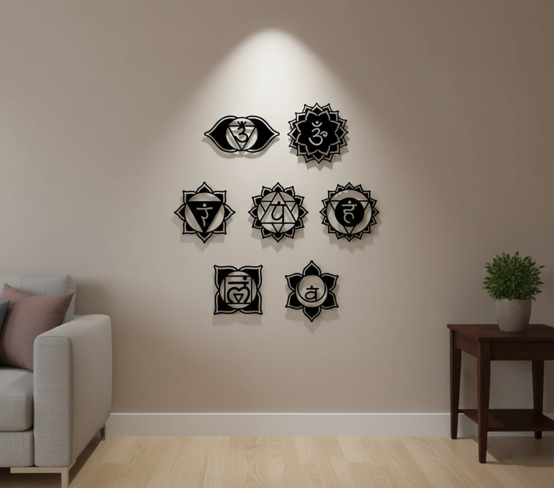 Seven chakra MDF wall decor set with spiritual symbols arranged symmetrically on a wall in a modern meditation space.