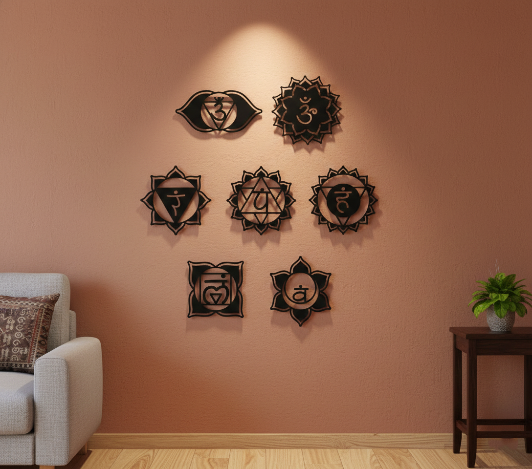 Seven chakra MDF wall decor set with spiritual symbols arranged symmetrically on a wall in a modern meditation space.