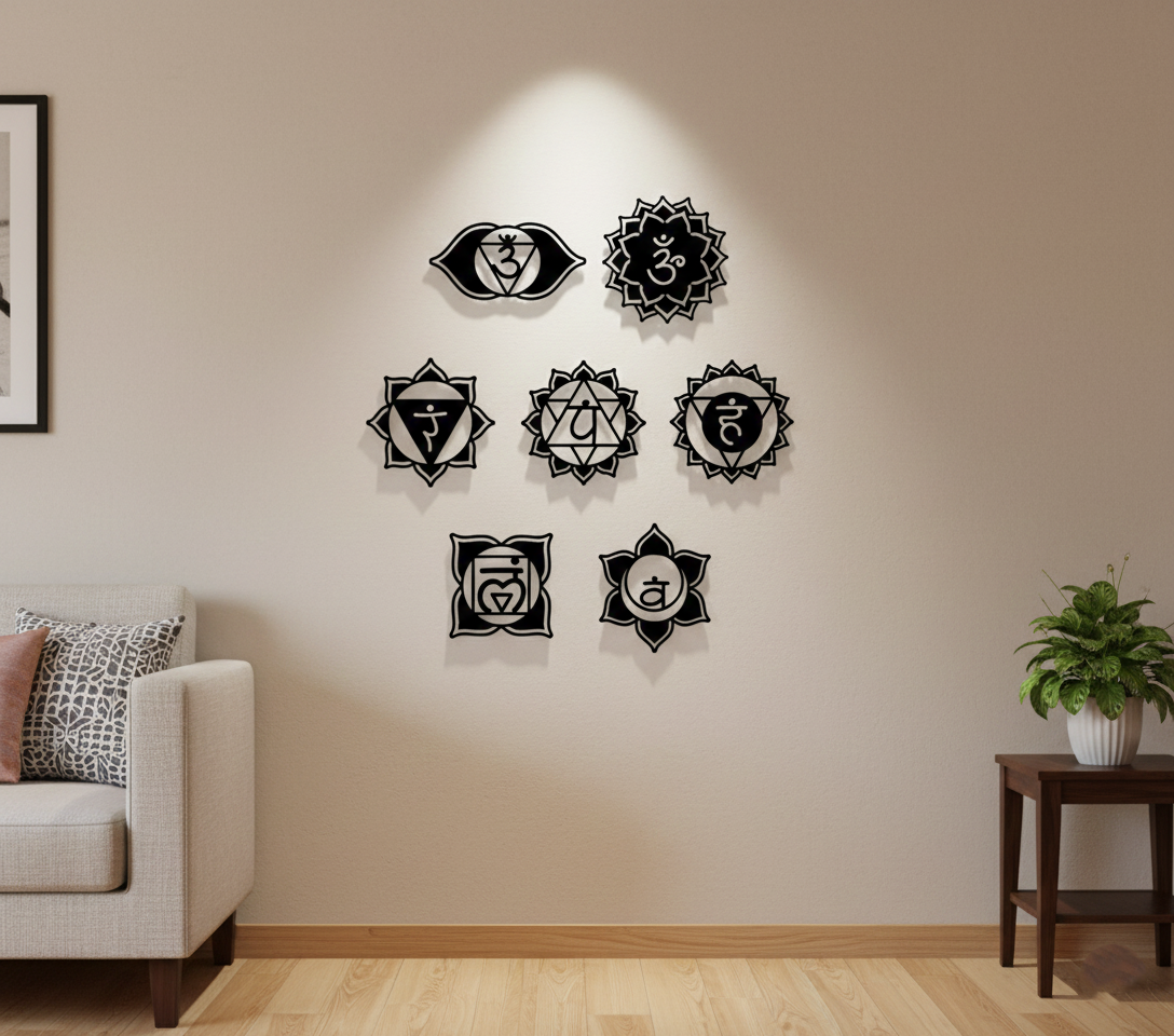 Seven chakra MDF wall decor set with spiritual symbols arranged symmetrically on a wall in a modern meditation space.