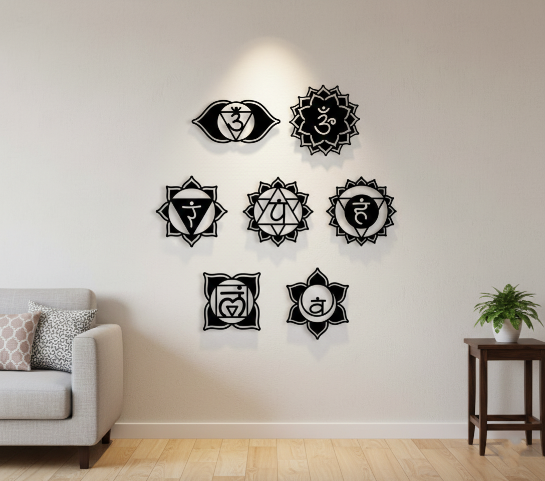Seven chakra MDF wall decor set with spiritual symbols arranged symmetrically on a wall in a modern meditation space.